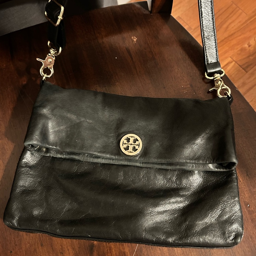 Tory Burch Dena Black Leather Crossbody Bag with Gold Accent